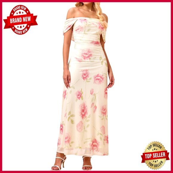 Floral Off Shoulder Maxi Dress Ruched Bodycon Elegant Wedding Guest Formal